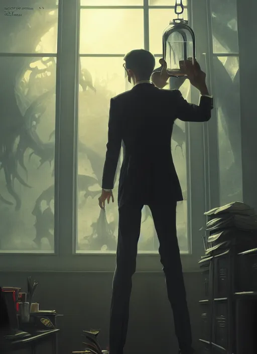 Image similar to A demon in office attire, looks at a shrunk human in a jar, in his cubicle, sunrays, dust in the air, DnD character, unreal engine, octane render, dramatic lighting, pond, digital art, by Stanley Artgerm Lau, greg rutkowski, thomas kindkade, alphonse mucha, loish, norman Rockwell,