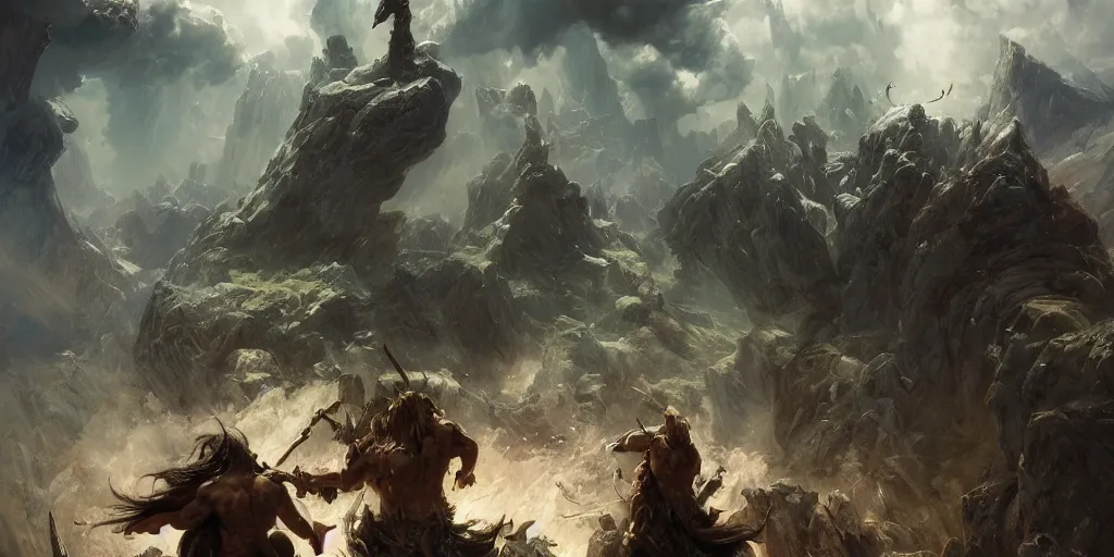 Prompt: epic battle barbarian norse gods thunder inverted landscape hanging from the sky two worlds facing each other horizontal symmetry inception good composition artstation illustration sharp focus sunlit vista painted by ruan jia raymond swanland lawrence alma tadema zdzislaw beksinski norman rockwell tom lovell alex malveda greg staples