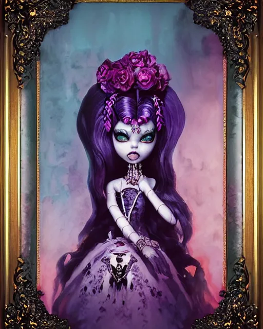 Image similar to baroque bedazzled gothic royalty frames surrounding a watercolor portrait of monster high draculaura doll, stephen bliss, unreal engine, by greg rutkowski, loish, rhads, makoto shinkai and lois van baarle, ilya kuvshinov, rossdraws, global illumination, radiant light, detailed and intricate environment, watercolor lighting