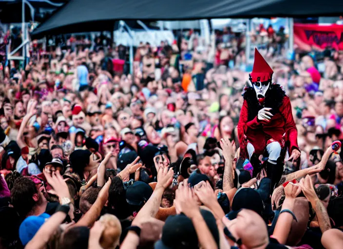 Image similar to photo still of count chocula on stage at vans warped tour!!!!!!!! at age 3 8 years old 3 8 years of age!!!!!!! stage diving into the crowd, 8 k, 8 5 mm f 1. 8, studio lighting, rim light, right side key light