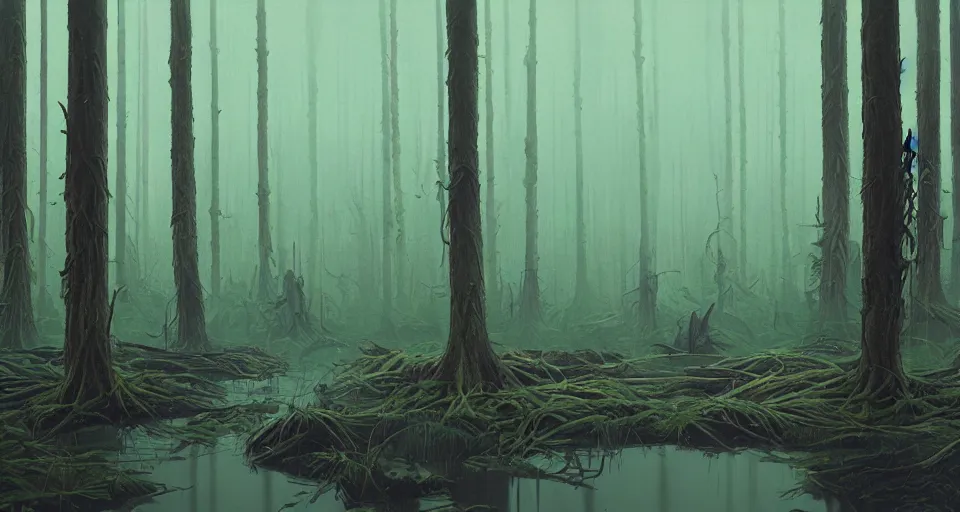 Image similar to A fantastic forest with a swamp, by simon stalenhag