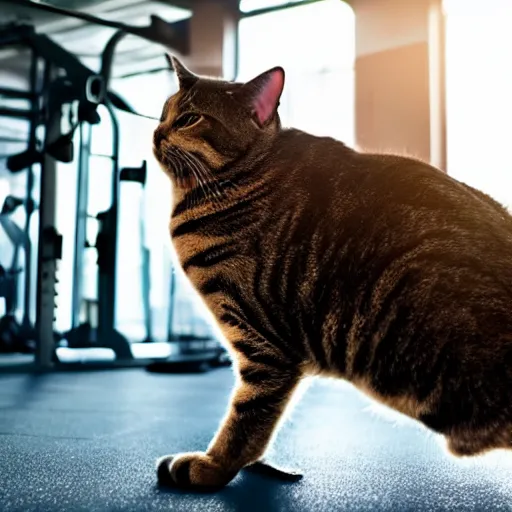 Image similar to a very fat cat doing exercises at the gym, photorealistic, hd