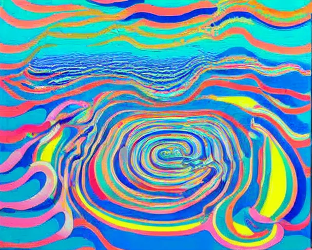 Image similar to Ocean waves in a psychedelic dream world. David Hockney. Takashi Murakami. Minimalist.