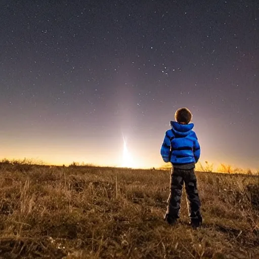 Prompt: a boy look to sky saw a huge meteor approach to earth