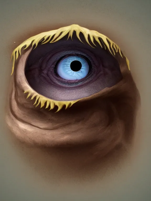 Prompt: Color photo of an unbrushed cyclops without nose and with one giant eye, high quality photo, 85mm, focused, fantasy, concept art