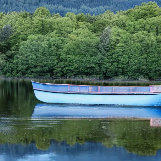 Prompt: a cinematic shot of an old blue rowing boat at the side of a still loch with the reflection of the trees and high forested scottish mountains visible reflecting in the water and a large house barely visible in the distance on the opposite side of the water through a gap in the trees