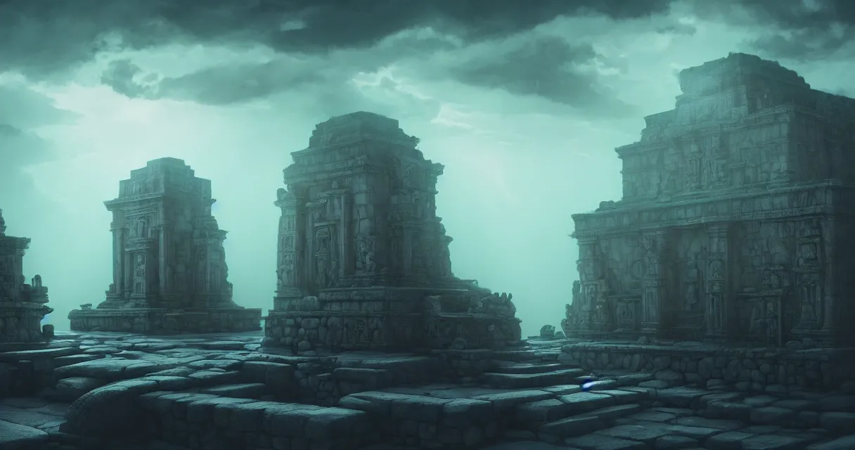 Image similar to low ultrawide shot, dark, street view, underwater statues, submerged pre - incan temple with carvings, abyss, stylized, anime style mixed with fujifilm, detailed gouache paintings, crepuscular rays, dark, murky, foggy, atmospheric, artstation, cgsociety, octane render, cgi, unreal engine 5