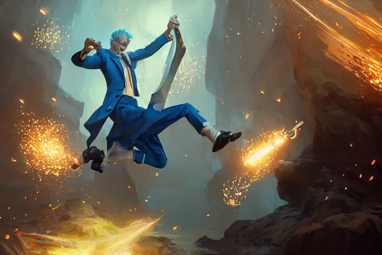 Prompt: a blonde man in a blue suit swinging a sword at a man, d & d, heartstone, digital painting, volumetric light, intricate, sharp, focus, bloom, illustration, highly detailed, concept art, matte, ruan jia, randy vargas, greg rutkowski