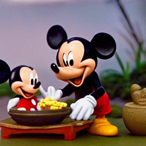 Image similar to mickey mouse eating corn in a zen garden, in the movie star wars