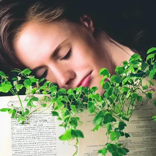 Image similar to “ very photorealistic photo of vines growing out of a woman ’ s book as she sleeps, award - winning details ”