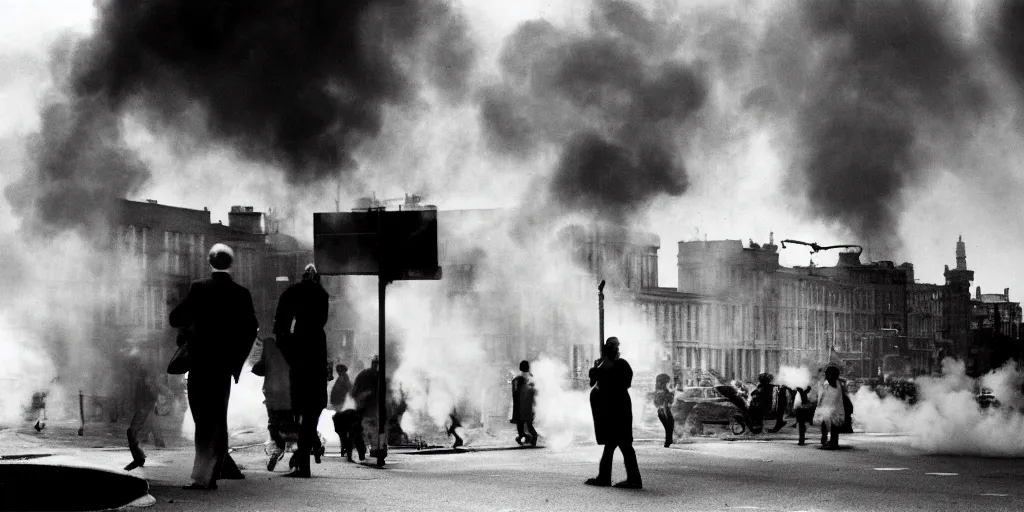 Image similar to street photo, revolution, smoke on the street, a thousands of people closeup, film photography, exposed b & w photography, christopher morris photography, bruce davidson photography, peter marlow photography