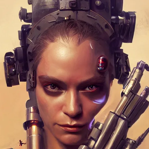 Image similar to tank girl, highly detailed, half human, half cyborg, power implants, full body transmogrify, beautiful, mesmerising, look of desire, loving stare, action shot, digital painting, trending on artstation, concept art, 4 k, sharp focus, illustration, art by greg rutkowski and magali villeneuve