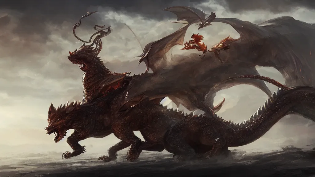 Image similar to Shiba Inu riding a dragon into battle, concept art, matte painting, highly detailed, artstation, dynamic, epic composition