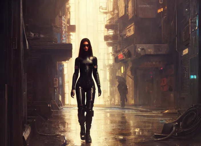 Image similar to Maria. Cyberpunk female hacker wearing stealth suit hiding from police patrol (blade runner 2049, cyberpunk 2077). Orientalist portrait by john william waterhouse and James Gurney and Theodore Ralli and Nasreddine Dinet, oil on canvas. Cinematic, hyper realism, realistic proportions, dramatic lighting, high detail 4k