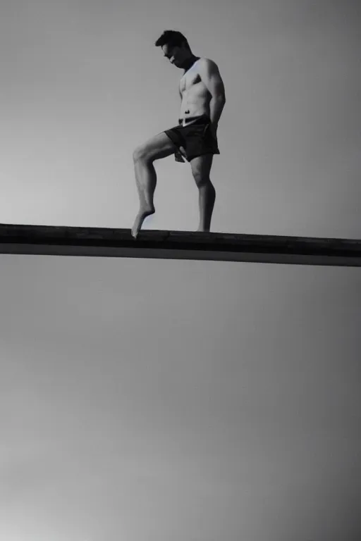 Image similar to gavin casalegno standing on the diving board, 3 5 mm, highly detailed, cinematic lighting