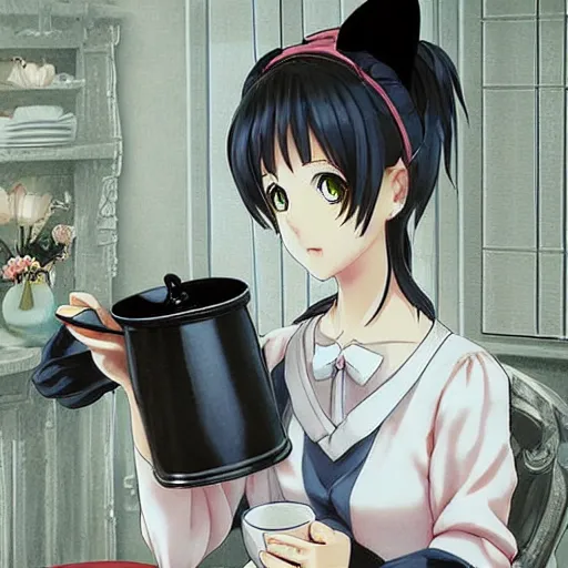 Prompt: Manga cover portrait of an extremely cute and adorable beautiful Victorian-chan ASMR anime girl with cat ears sipping a cup of tea, 3d render diorama by Hayao Miyazaki, official Studio Ghibli still, color graflex macro photograph