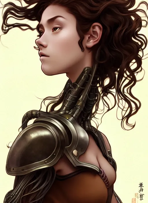 Image similar to young mysterious girl with long curly hazelnut hair, perfectly proportioned face, brown eyes, strong jawline, natural lighting, path traced, highly detailed, high quality, cartoon, digital painting, by new haicheng and studio ghibli and alphonse mucha wearing an alien armor designed by h. r. giger