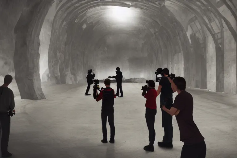 Prompt: photo of people taking pictures of an scp creature, eerie atmosphere, fear, mystery, dramatic, 8 k uhd