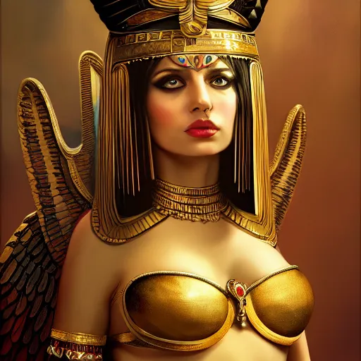 Image similar to Cleopatra sitting on her throne, beautiful eyes, full body, fantasy, beautiful face, vivid colors, elegant, concept art, sharp focus, digital art, Hyper-realistic, 4K, Unreal Engine, Highly Detailed, HD, Dramatic Lighting by Brom, trending on Artstation