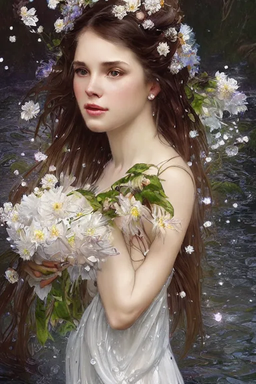 Image similar to portrait of a beautiful woman wearing a white dress, holding a bouquet of flowing flowers, drenched body, wet dripping hair, emerging from the water, fantasy, regal, fractal crystal, fractal gems, by stanley artgerm lau, greg rutkowski, alphonse mucha, loish, norman rockwell