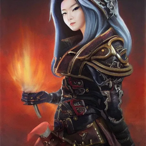 Image similar to perfect, realistic oil painting of close-up japanese young woman wearing leather jacket, in Diablo 3