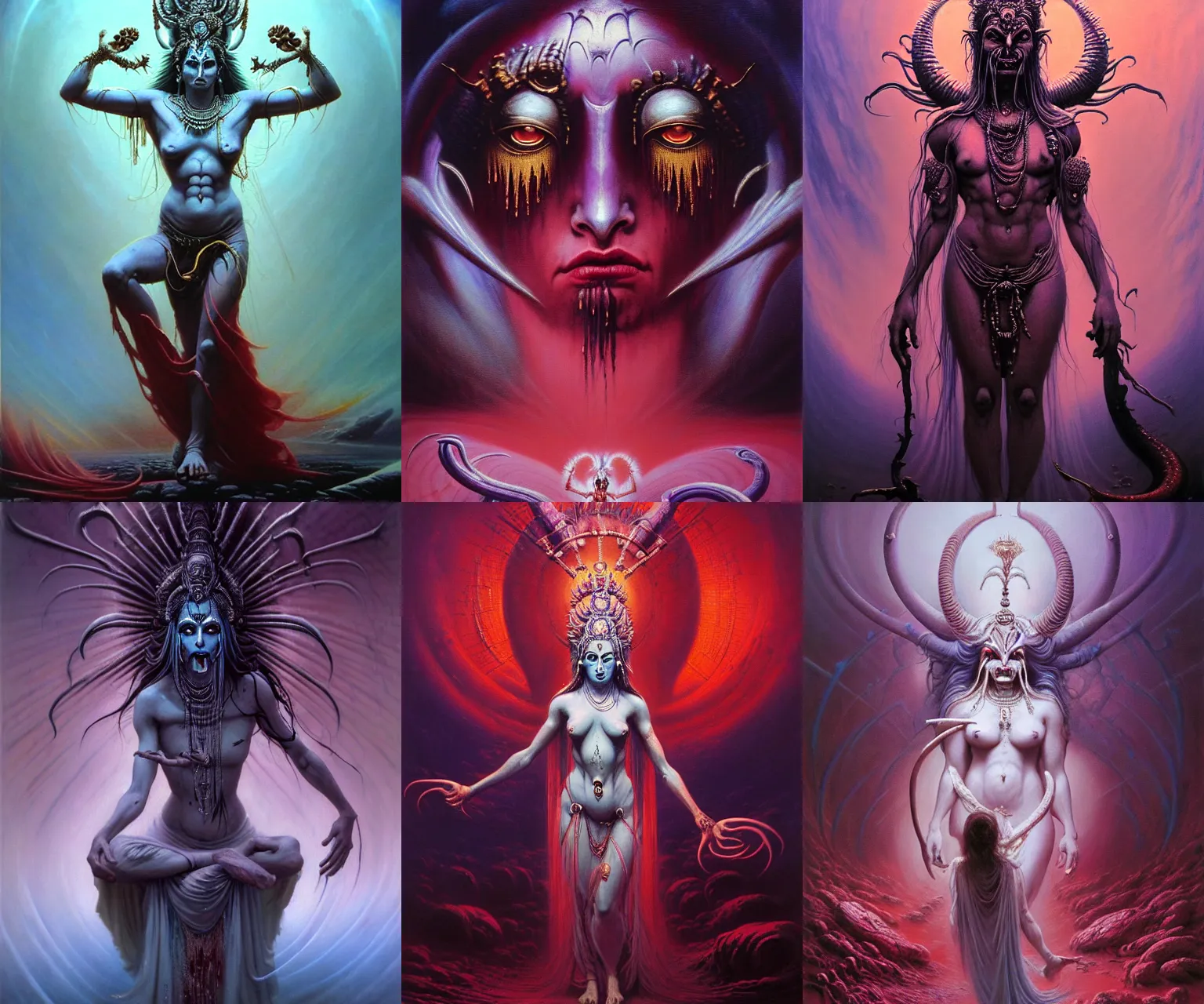 Prompt: A cinematic crying neo-classical portrait of the Hindu demon goddess prinCess of grief despair sorrow, by jim warren, by Wayne Barlowe, by Paul Lehr, by Bruce Pennington, by Zdzisław Beksiński, by HR Giger, oil on canvas, masterpiece, trending on artstation, featured on pixiv, cinematic composition, astrophotography, dramatic pose, beautiful lighting, sharp, details, details, details, hyper-detailed, no frames, 8K