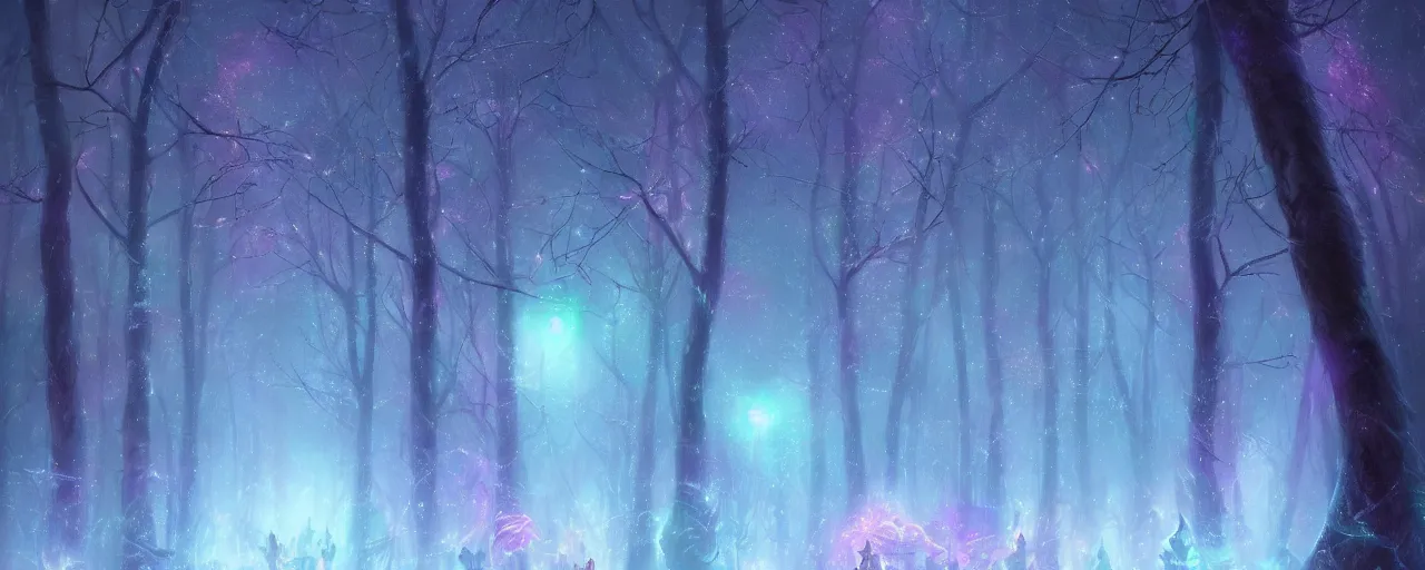Prompt: beautiful picture of a magical lights glowing different colours everywhere in the centre of blizzard in an enchanted beautiful forest, art by Daisuke Tsutsumi, fantasy art, trending on artstation, cgsociety, nice composition, great fantasy mood