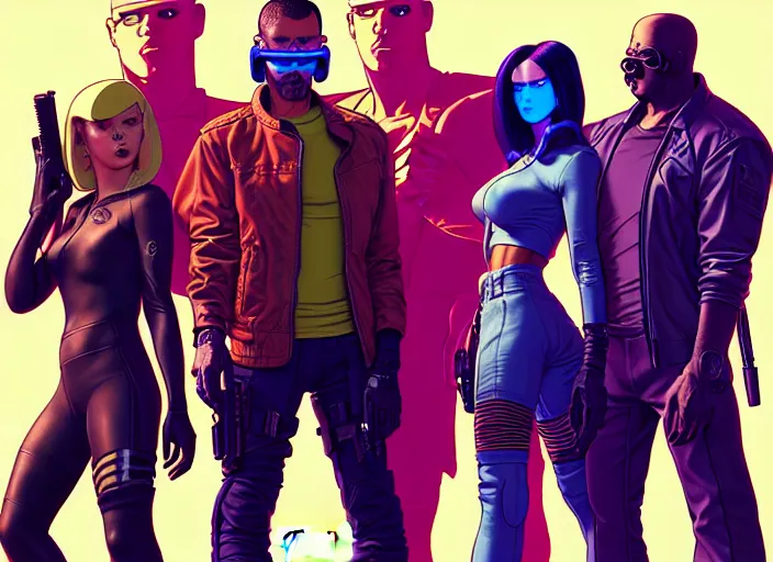 Prompt: cyberpunk gang enforcers. portrait by stonehouse and mœbius and will eisner and gil elvgren and pixar. character design. realistic proportions. cyberpunk 2 0 7 7 character art, blade runner 2 0 4 9 concept art. cel shading. attractive face. thick lines. the team. diverse characters. artstationhq.