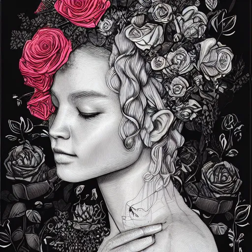 Prompt: the anatomy of a head of lettuce with roses that resemble a beautiful young woman of color looking up, an ultrafine detailed illustration by james jean, intricate linework, bright colors, final fantasy, behance contest winner, vanitas, angular, altermodern, unreal engine 5 highly rendered, global illumination, radiant light, detailed and intricate environment