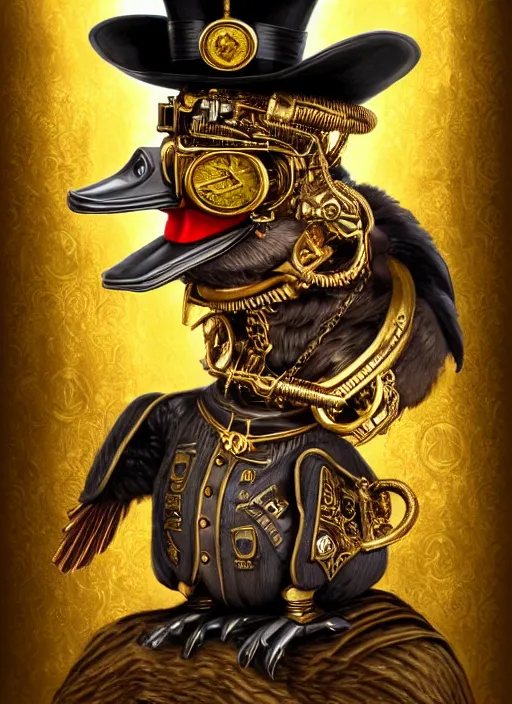 Image similar to athropomorphized rich duck capitalist sitting on pile of gold, wearing steampunk top hat, steampunk goggles, casting spell, concept art, insanely detailed and intricate, hypermaximalist, elegant, ornate, hyper realistic, super detailed, art deco, cinematic, trending on artstation, magic the gathering artwork