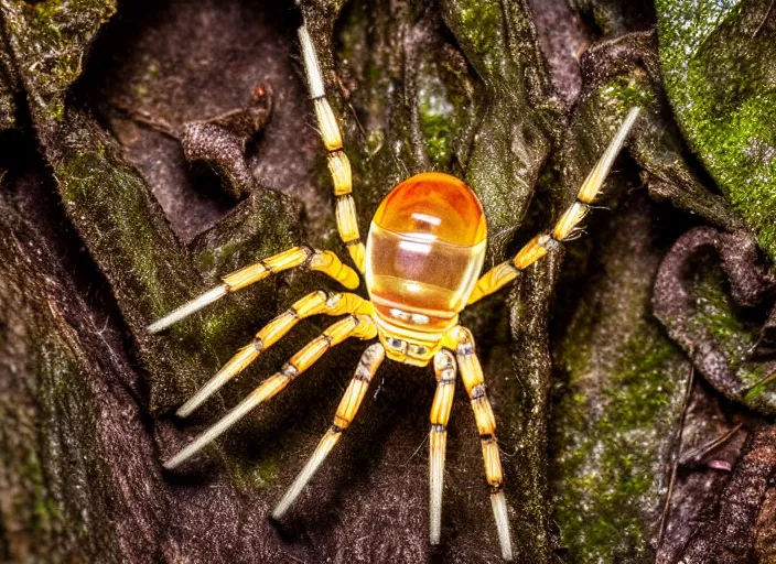 Prompt: super macro of a translucent crystal spider in the forest. Fantasy magic style. Highly detailed 8k. Intricate. Nikon d850 300mm. Award winning photography.