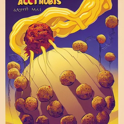 Prompt: attack of the flying spaghetti and meatballs monster, movie art poster, by gerard brom and ansel adams