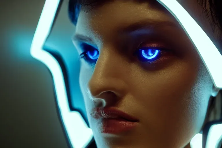 Prompt: VFX movie of a futuristic robot closeup portrait in living room, beautiful natural skin neon lighting by Emmanuel Lubezki