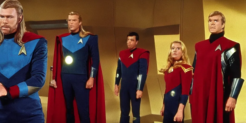 Image similar to Thor, in starfleet uniform, in the role of Captain Kirk in a scene from Star Trek the original series