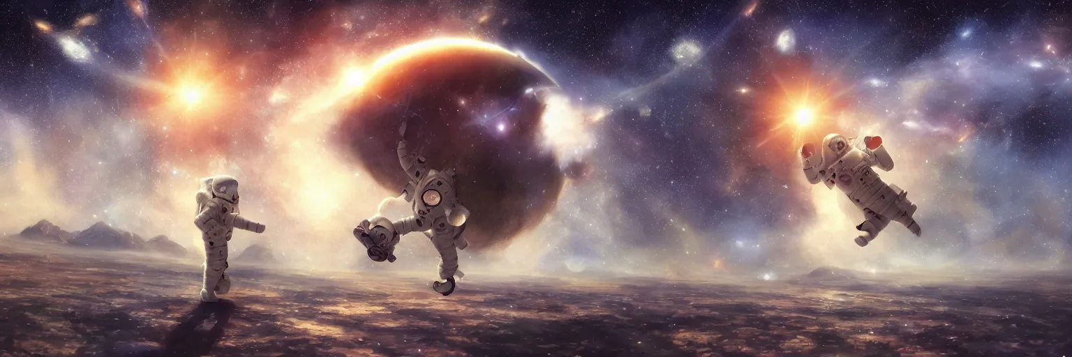 Image similar to craig mullins and ghibli digital illustration of an astronaut floating in the middle of the cosmos doing jazz improv, full body, strong contrast, earth, galaxies, ethereal, inviting, bright, raking light from constellations, unreal engine, hyper realism, realistic shading, cinematic composition, realistic render, octane render, detailed textures, photorealistic, wide shot