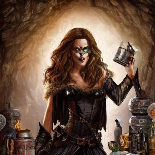 Prompt: kate beckinsale weared as thief, with dark face mask, holding flask in hand, with knives in bandolier and cloak cape, dark interior, sit in dark fantasy tavern near fireplace, behind bar deck with bear mugs, lockpicks and pile of gold, medieval dnd, colorfull digital fantasy art, 4k