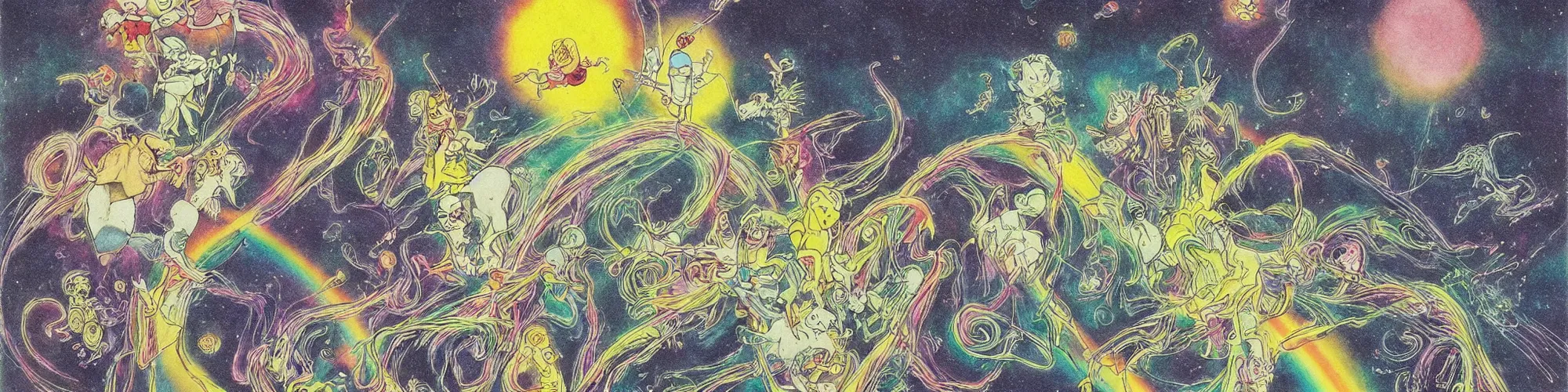Prompt: dawn of creation ; first atom ; beings of light and darkness ; ethereal plane. vibrant rainbow colors. homer simpson. illustrated by maurice sendak, stephen gammell, junji ito, dr seuss, tsutomu nihei, keith thompson, graham ingels