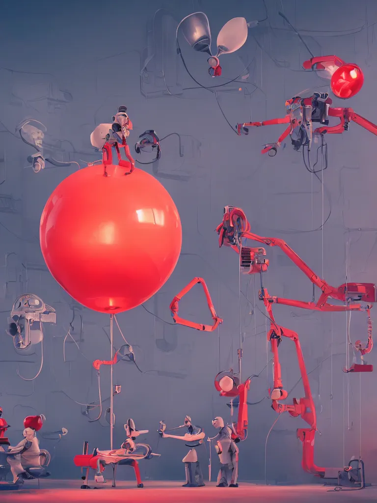 Prompt: graphic art of dystopian futuristic 1 0 mechanic surgeons astronauts, operate on a mickeymouse!!! head balloon float brain exposed, held by a crane. ominous glowing red netflix!!! sign in the background, trending on art station, beeple!!, clean concept art, smooth, octane render, minimal