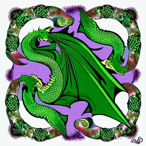 Image similar to rhaegal, green dragon, surrounded by rosebuds in fractal patterns