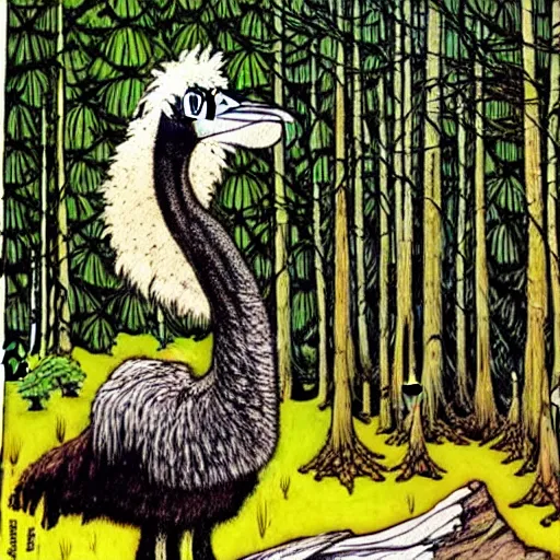 Prompt: Giant emu in the forest, by Rebecca Guay