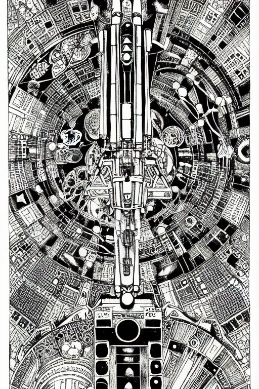 Prompt: a black and white drawing of an ancient future japanese temple international space station, bioluminescence, a detailed mixed media collage by eduardo paolozzi and ernst haeckel, intricate linework, sketchbook psychedelic doodle comic drawing, geometric, deconstructivism, matte drawing, academic art, constructivism