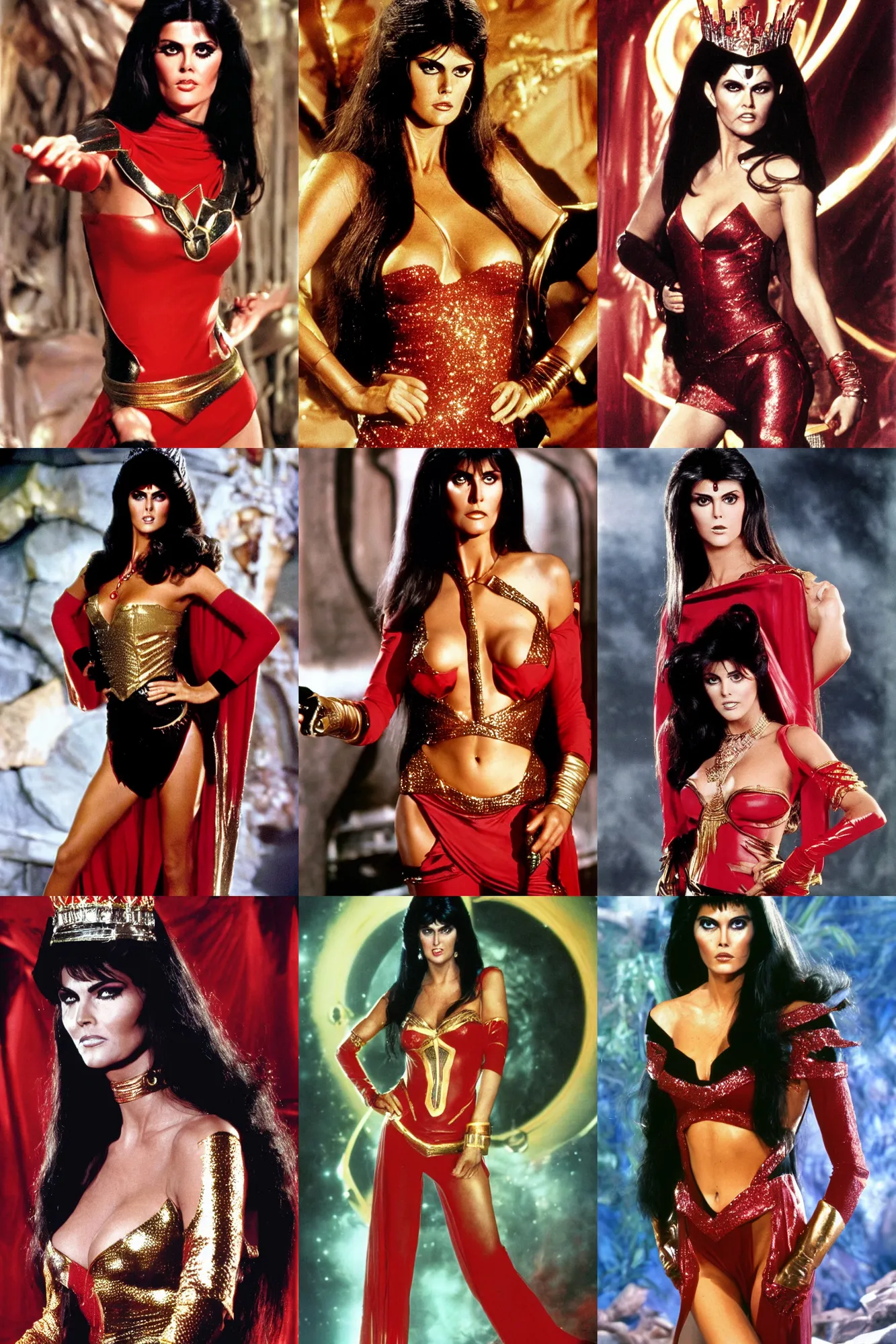 Prompt: portrait of a beautiful Caroline Munro as Princess Aura in Flash Gordon 1980, Red Gold and Black outfit, film still