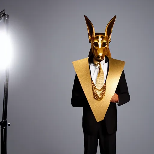 Image similar to portrait of the god Anubis wearing an office suit with a gold necklace, looking at the camera, black background, studio light