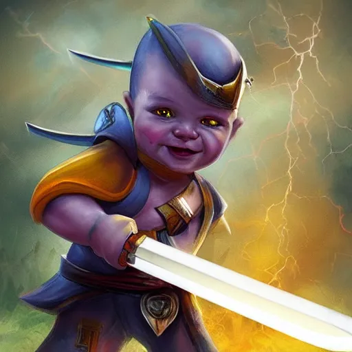 Image similar to a baby warrior holding the necro sword, lightning