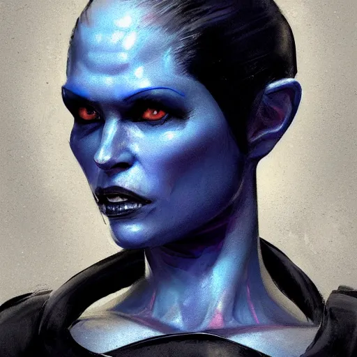 Image similar to portrait of a female Twi'lek by Greg Rutkowski, blue skin, she is about 30 years old, wearing black sith uniform, Star Wars Expanded Universe, highly detailed portrait, digital painting, artstation, concept art, smooth, sharp foccus ilustration, Artstation HQ