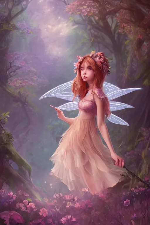 Image similar to a cute and geogerous fairy in the dreamy forest, fantasy, dreamlike, 8 k resolution, hyper detailed, d & d, character design, digital painting, trending on artstation, sharp focus, illustration, art by viktoria gavrilenko, hoang lap, fuji choko, steve zheng,