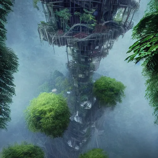 Image similar to surreal treehouses in a rainforest, cyberpunk , concept art, artstation, photorealistic, hyper detailed, atmospheric, volumetric lighting, foggy