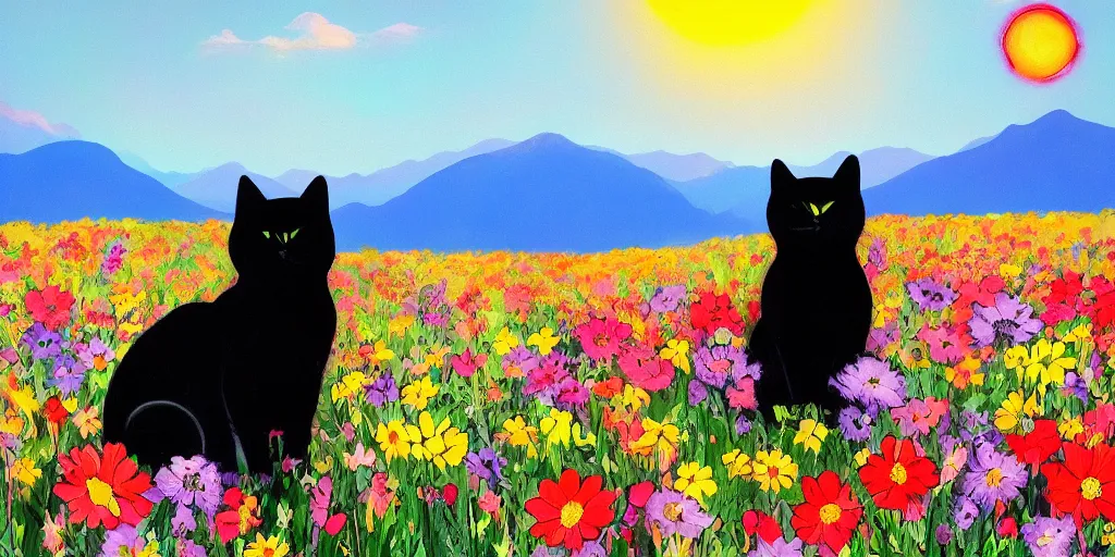 Prompt: beautiful black cat in a field of flowers, mountain sunrise, painted by Peter Max, detailed , clear, trending on artstation