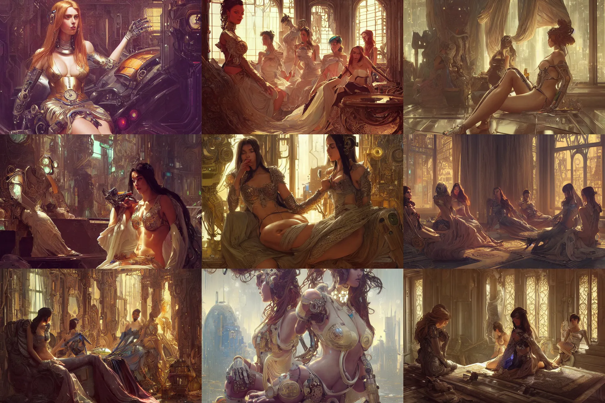 Prompt: Ultra realistic illustration, robot sitting in a harem of beautiful women, cyberpunk, sci-fi, fantasy, intricate, elegant, highly detailed, digital painting, artstation, concept art, smooth, sharp focus, illustration, art by artgerm and greg rutkowski and alphonse mucha