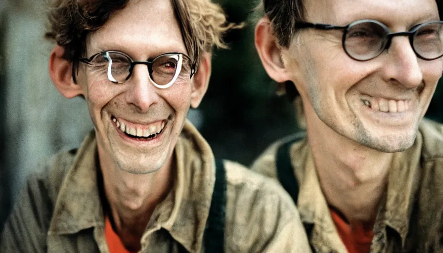 Prompt: far view, extremely skinny malnourished mitch mcconnell, wearing dirty overalls, dirty greasy face, grin, portrait, close up, kodak gold 2 0 0, 5 0 mm,